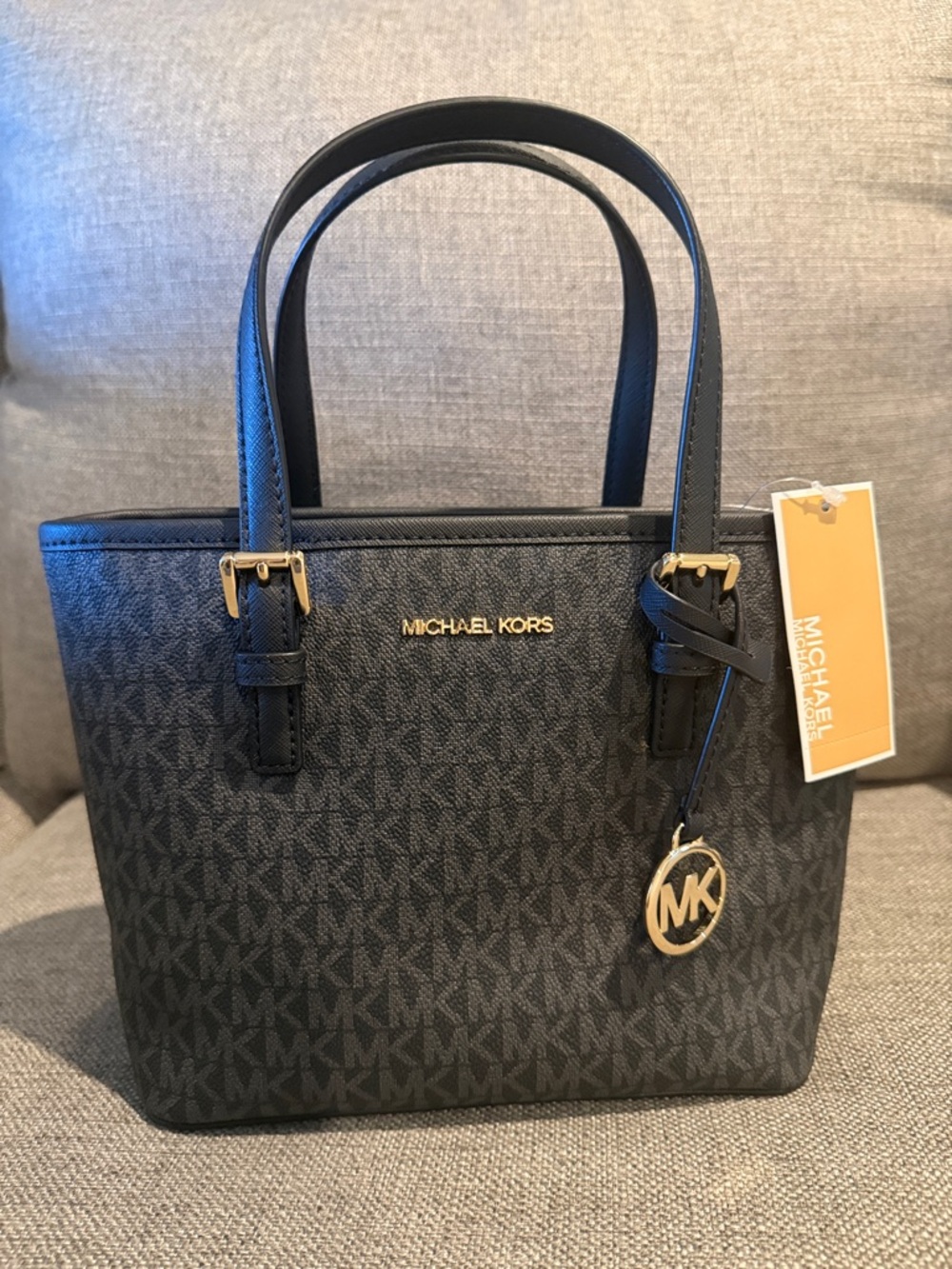 Michael Kors Jet Set XS Tote Black MK Logo Gold Hardware NWT